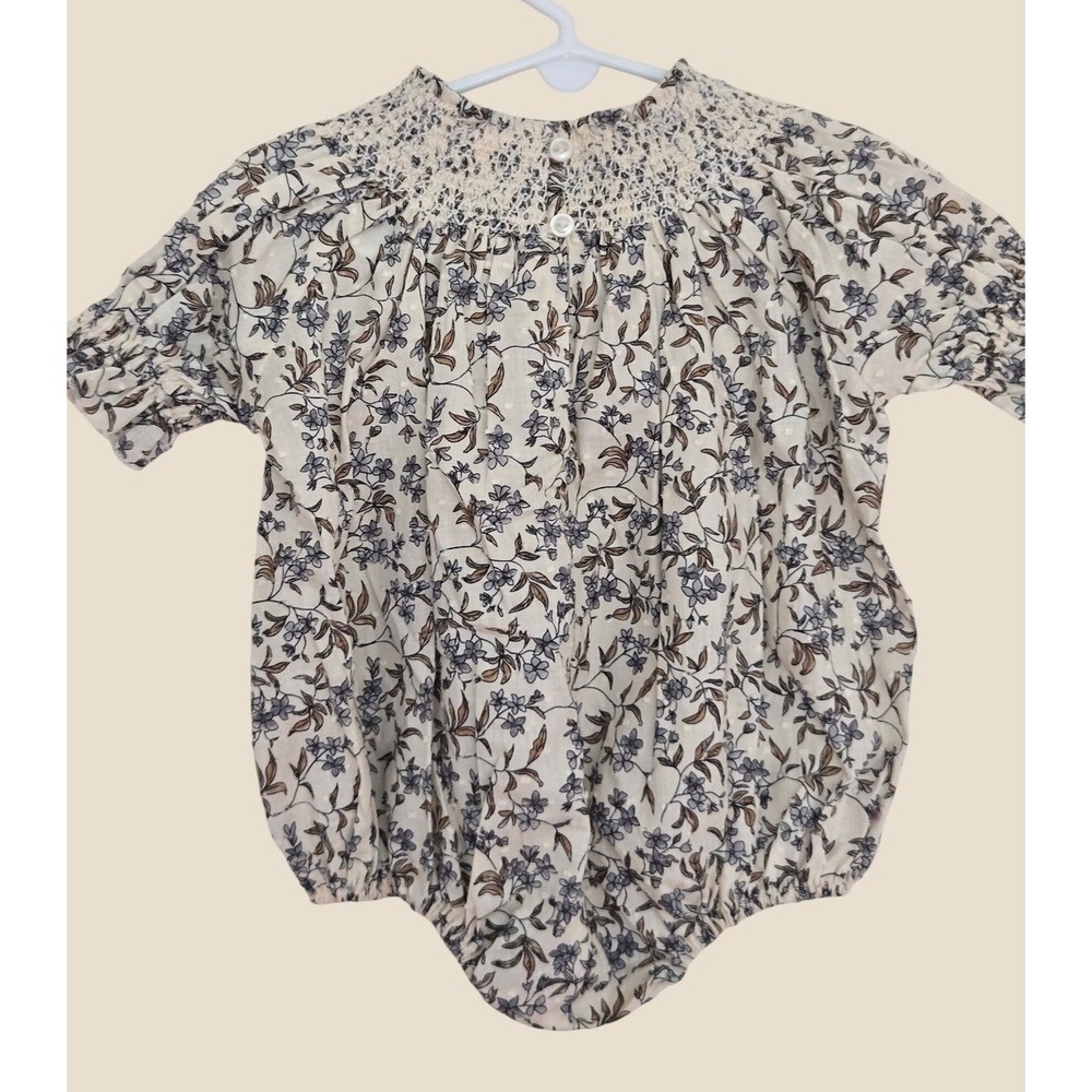 Noralee Baby Floral Smocked Bubble Romper Swiss Dot Cotton 3M Cream Tan